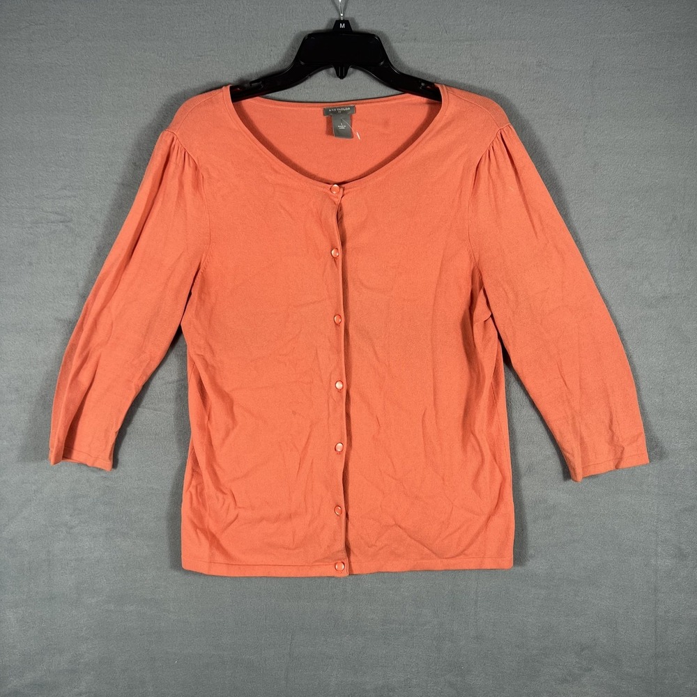 Ann Taylor Women's Coral Orange‎ Button Front Cardigan Sweater Size L 3/4 Sleeve